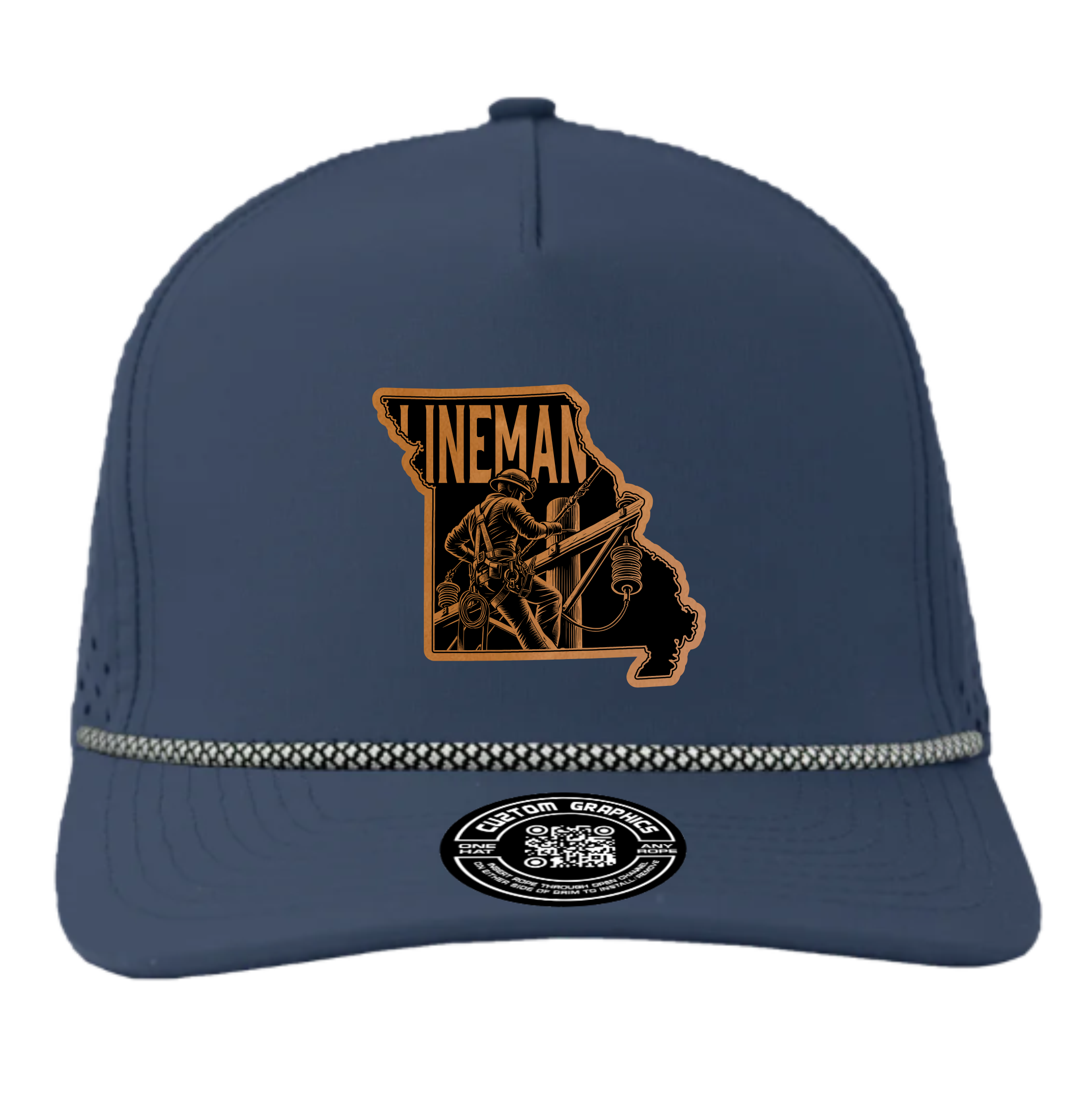 Cuztom Graphics navy custom Arkansas lineman hat with state outline and lineman graphic on front