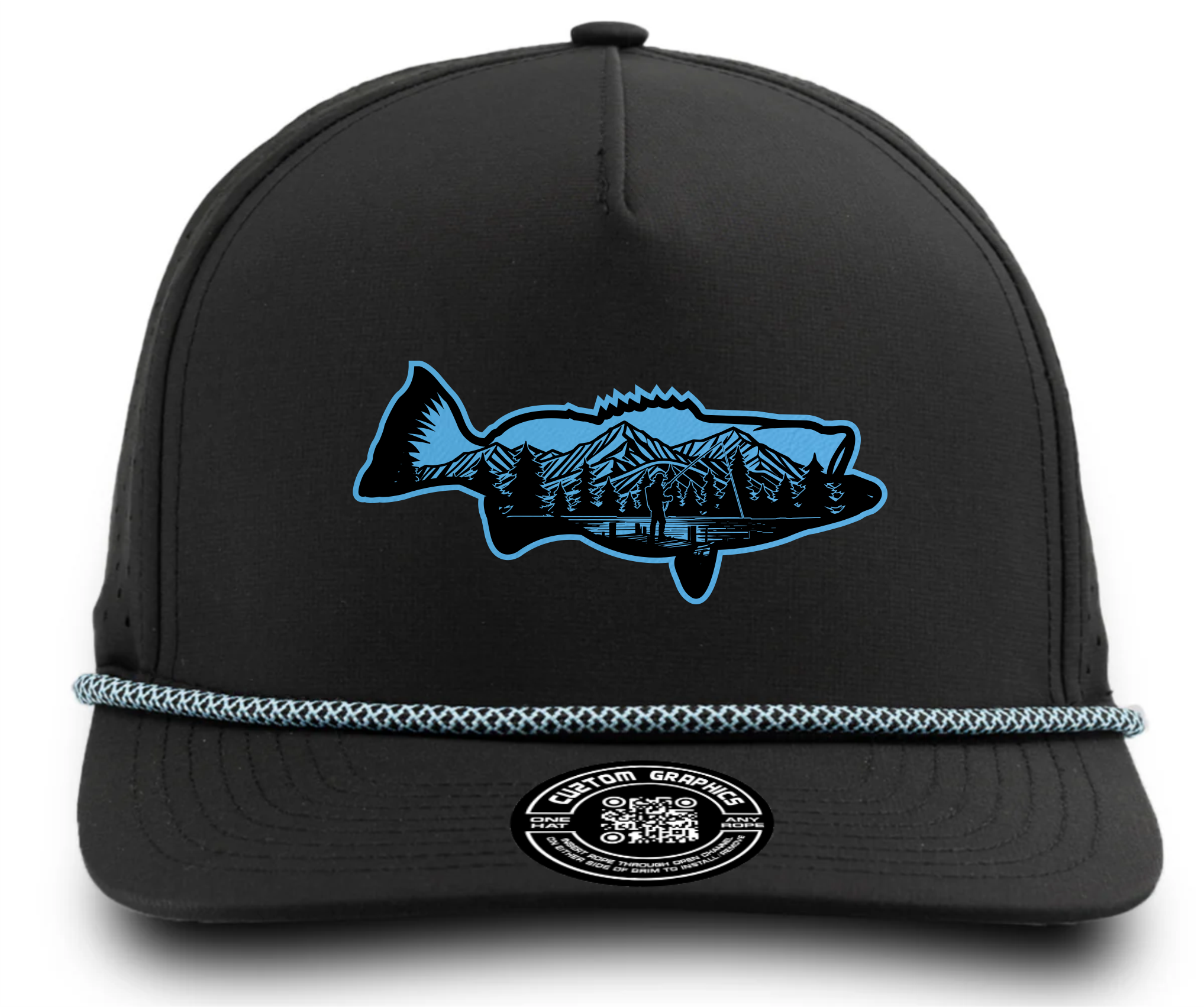 Black custom bass fish hat by Cuztom Graphics with blue fish and mountain design on front