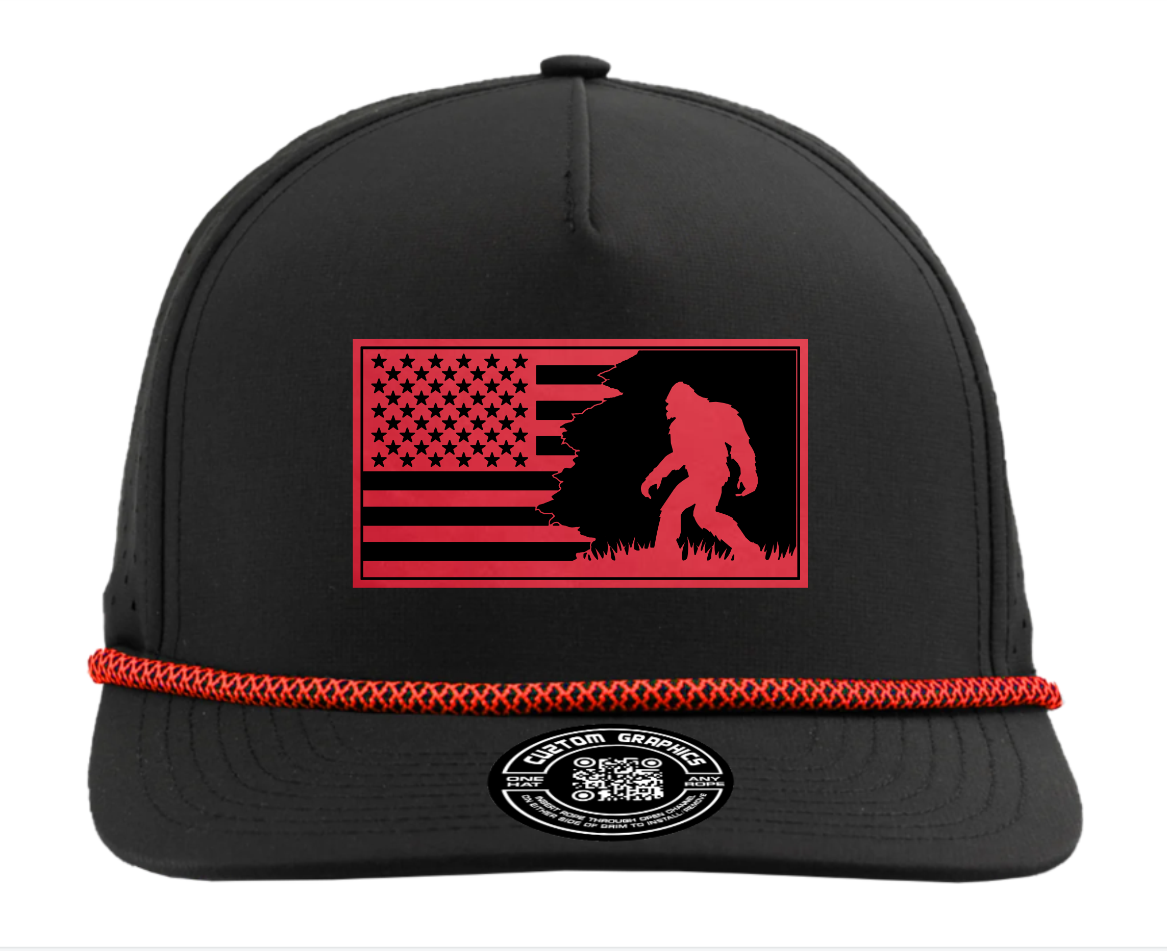 Cuztom Graphics black custom hat featuring bigfoot american flag hat design in red with braided detail