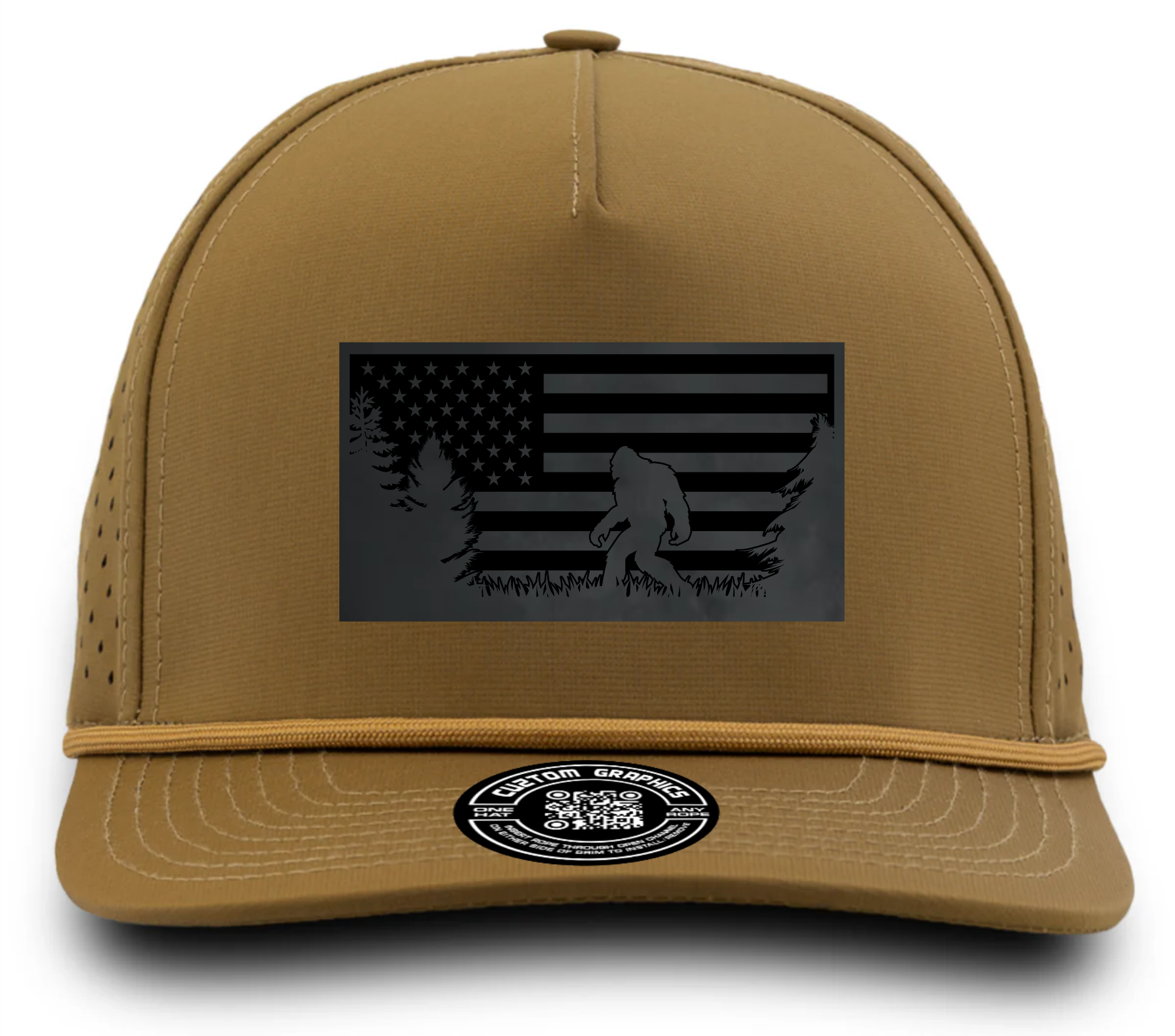 Cuztom Graphics bigfoot patriotic trucker cap in brown with black flag and Bigfoot silhouette design