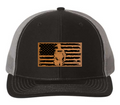 Cuztom Graphics custom black and gray mesh trucker hat featuring a sheriff hat silhouette with American flag design