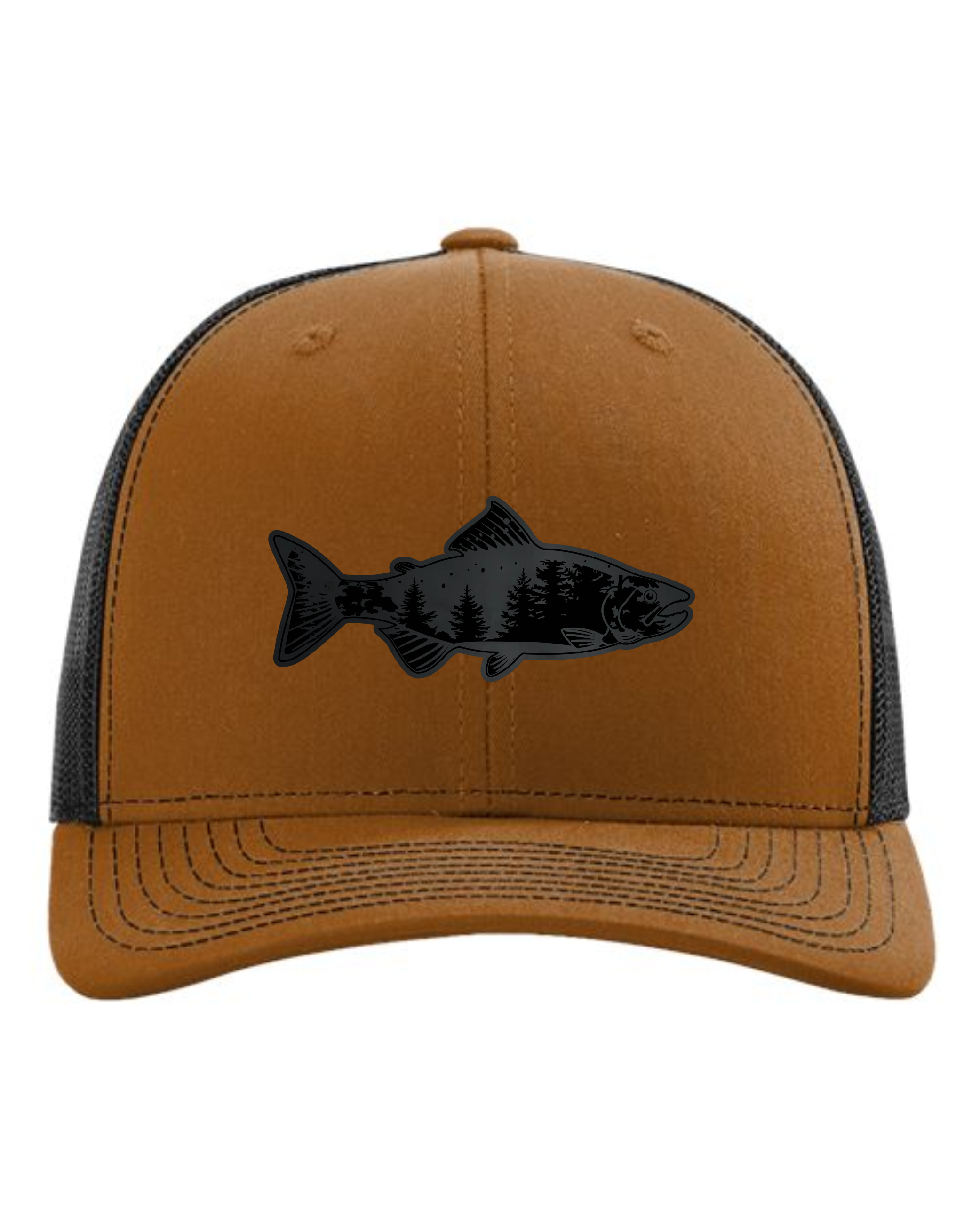 Cuztom Graphics brown and black fish patch trucker hat with black fish graphic and mesh back