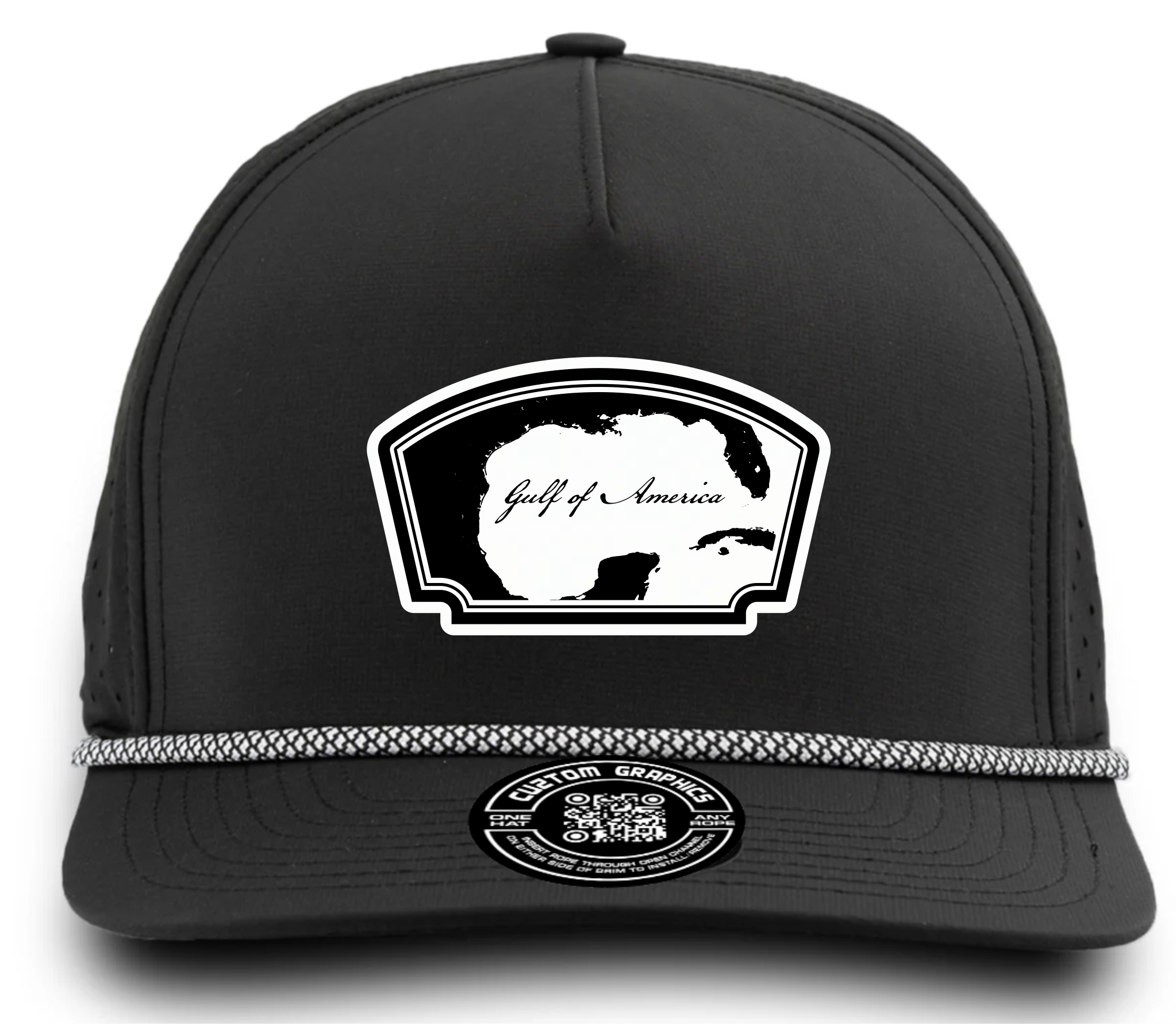 Black Cuztom Graphics Gulf of America hat with white map design and rope detail on brim