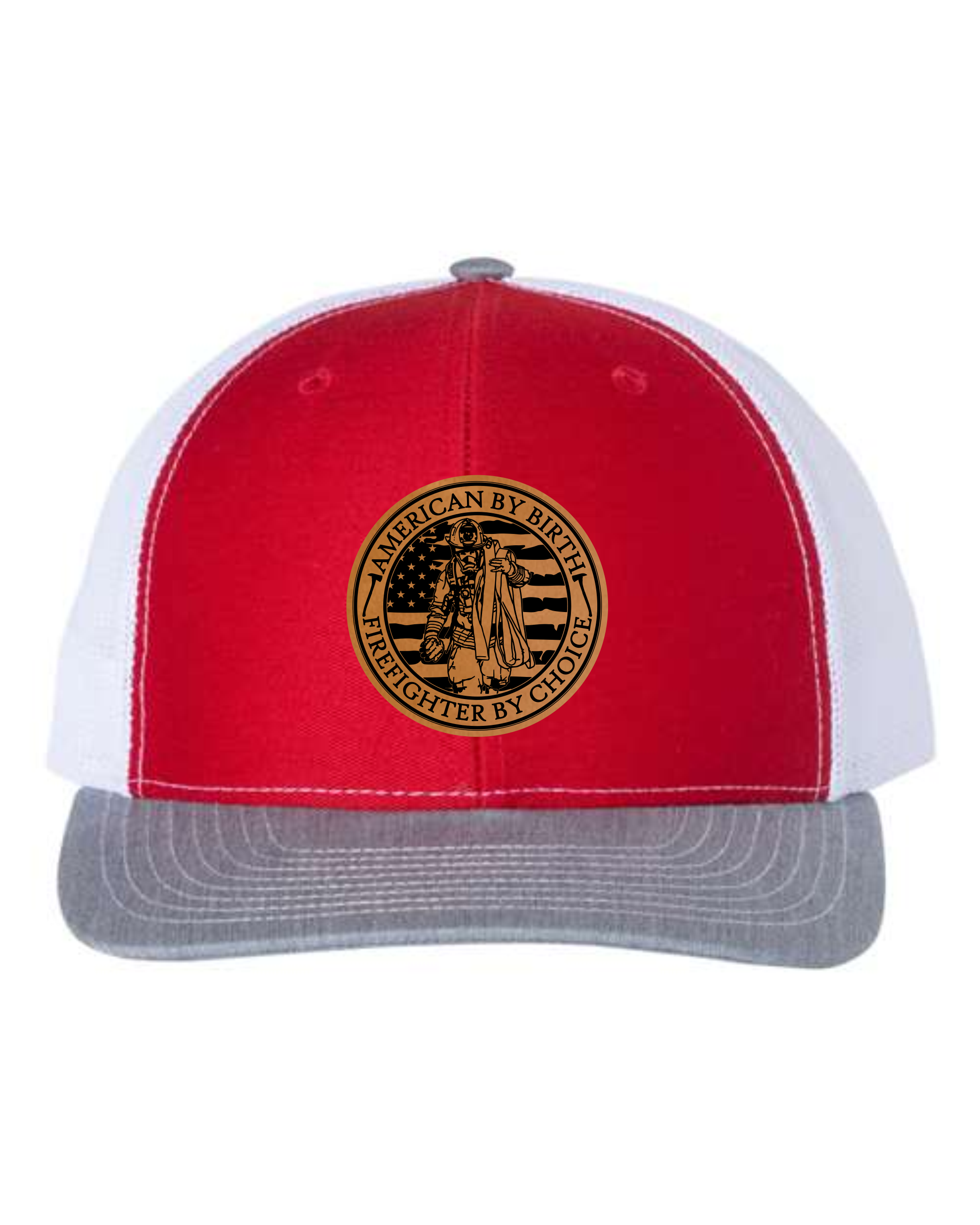 Cuztom Graphics firefighter trucker hat with red front white mesh back and gray brim featuring firefighter emblem