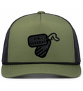 Cuztom Graphics veteran trucker hat in olive green with black mesh and U.S. veteran dog tag design