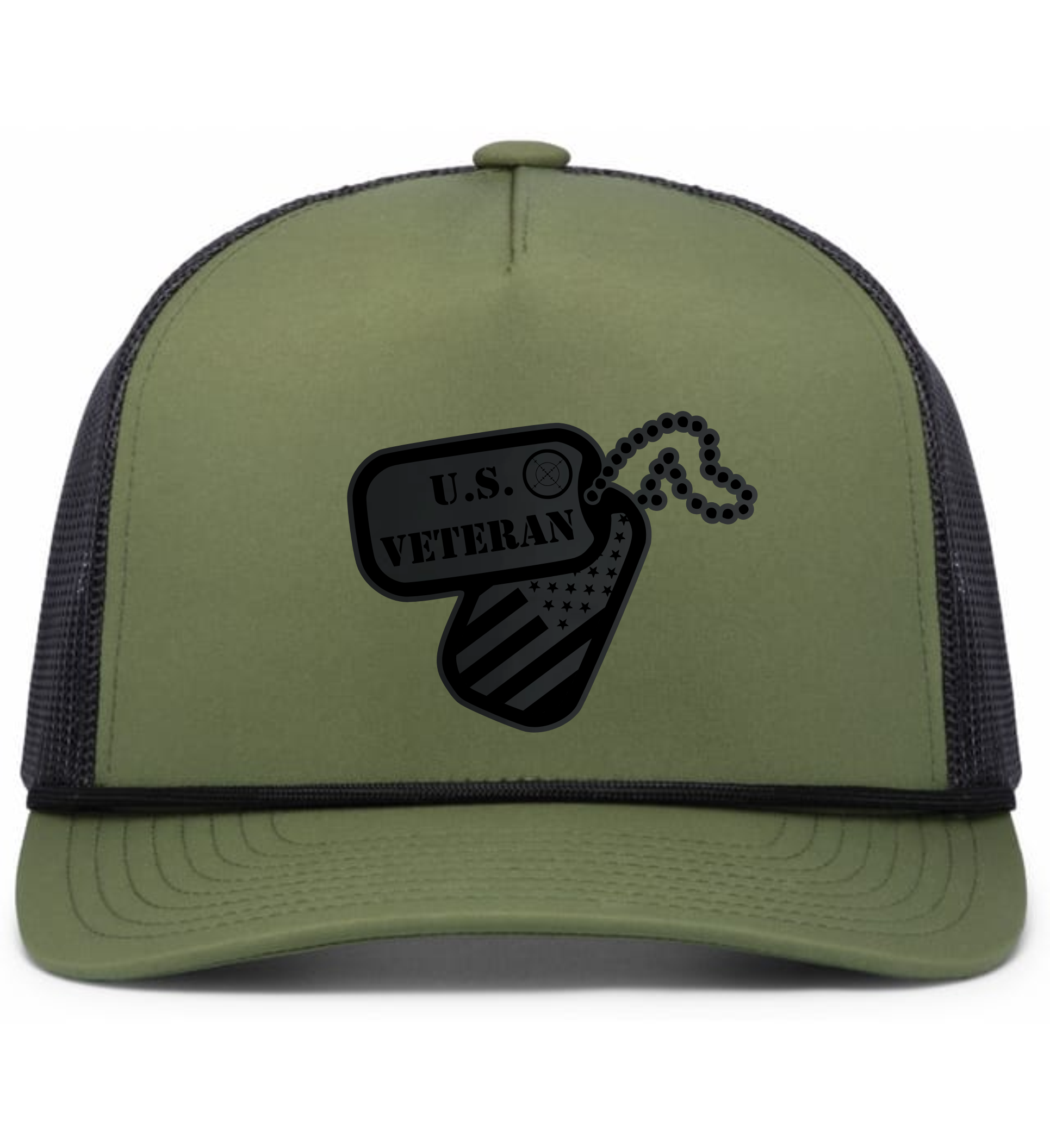 Cuztom Graphics veteran trucker hat in olive green with black mesh and U.S. veteran dog tag design